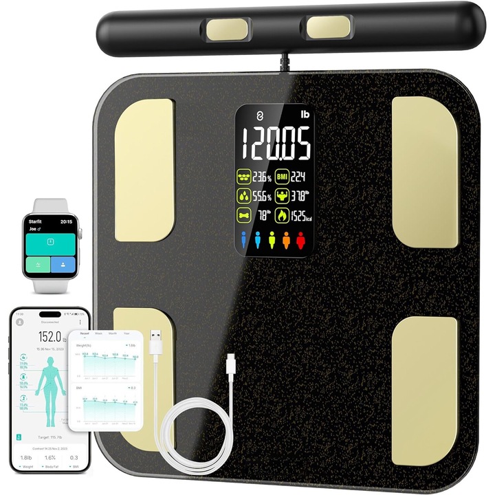 Професионална интелигентна везна, Hesasa®, сканиране на цялото тяло, приложение с PDF отчет, проследяване на напредъка, 28 телесни индекса, 4 сензора за анализ, USB акумулатор, Bluetooth комуникация, до 24 потребители, черен