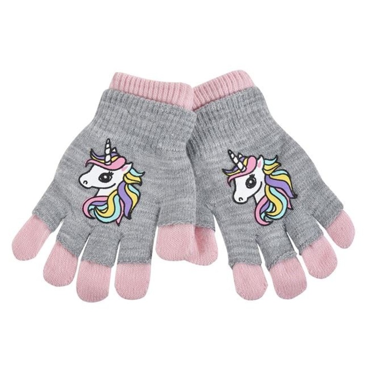 Manusi Duble Roz Gri Unicorn pentru Fete 6-10 Ani