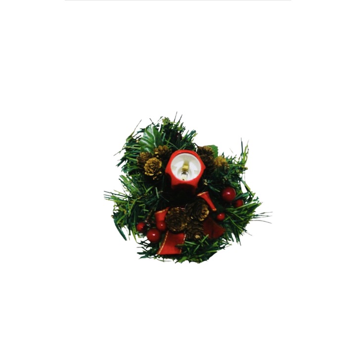 Aranjament Masa Craciun cu Crengute de Brad si decoratiuni conuri pin si globuri rosu FLAME