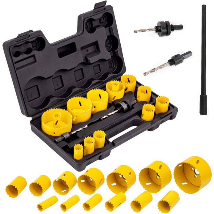 Set burghie bi-metal pentru metal si lemn, Falon-Tech, 17 elemente, dimensiuni 19-76 mm, adaptor 3/8" HEX, adaptor 7/16" HEX