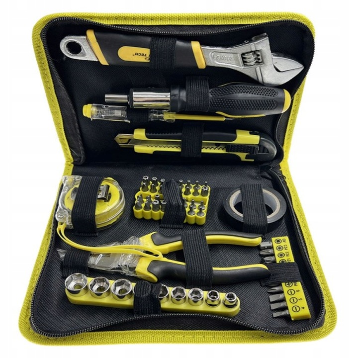 Set de unelte Torx 61 piese, Falon-Tech, cu cleste, rigla, culori galben si negru