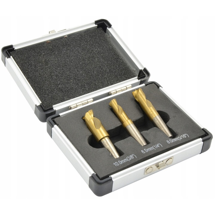 Set de burghie pentru sudura, Falon Tech, 6.5x8x10mm, HSS, 3 elemente, cutie din aluminiu