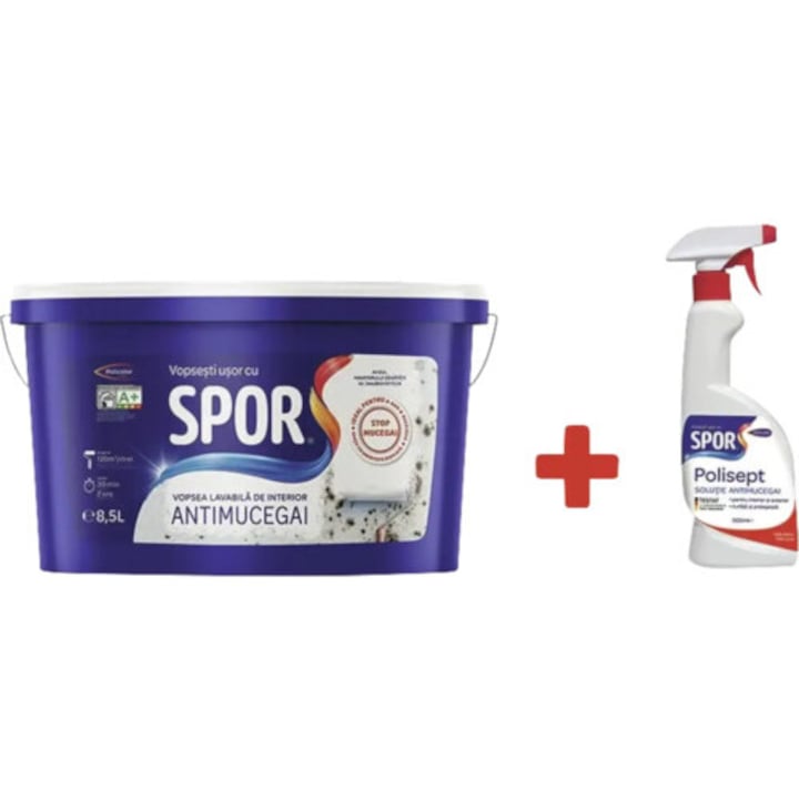 Миеща се интериорна боя Spor Antimould 8,5 l + Polisept разтвор против мухъл 0,5 l