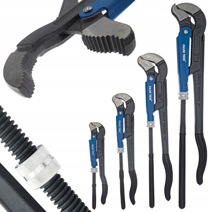 Falon-Tech állítható csőfogó készlet, 4 darabos, 240x530mm, ergonomikus fogantyúk, króm-vanádium acél