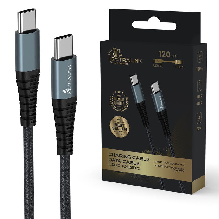 Extralink Smart Life USB-C kábel, 120 cm, 15 W, fekete