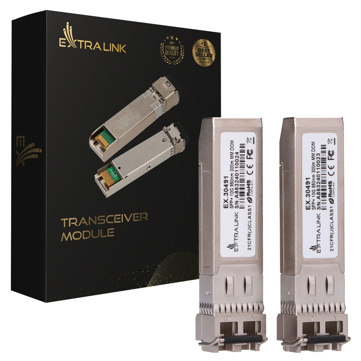 Комплект от 2 модула SFP+ 10G 850NM MM 300M 2-Pack, Extralink, 10Gbps, сребрист