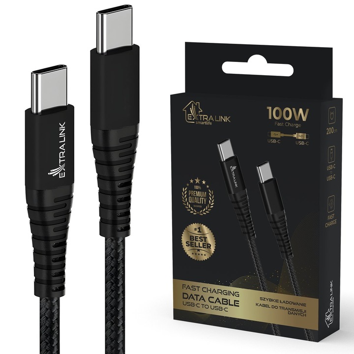 USB-C Extralink kábel 100W, 2m, fekete, 480 Mbps