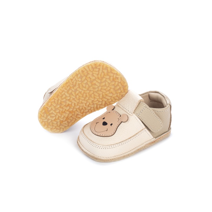 Pantofi copii barefoot Ursulet alb, piele naturala, bej/alb, 23 EU