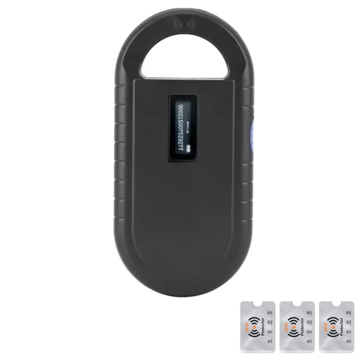 Scaner Microcipuri Animale, Identificare Cipuri, Pet ID Tag, Negru + 3 Protectii Rfid, UNDERSHOP®