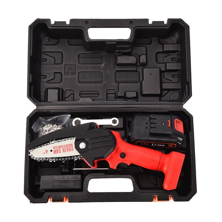 Мини преносим електрически трион BGHYHYHI, 24V, 0,7 кг, 34 см, 1 батерия, 2 вериги