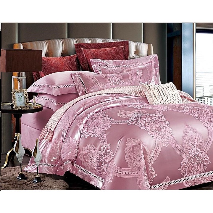 Lenjerie pat dublu 2 fete de perna 6 piese Jacquard, 2 persoane, 240x250 cm, roz