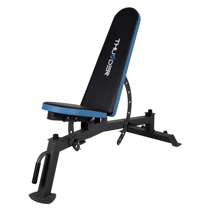 Banca de exercitii Thunder Lift, oblic, spatar reglabil si scaun, antrenamentul burta, pliabila, maxima suportata 120 kg, Negru/Albastru
