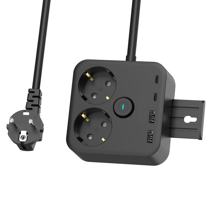 amXea PS-2220-Y2B Черен удължител, 2x F букса, 2xUSB-A 5V-2.4A, 2xUSB-C 5V-3A, кабел 2m 3x1mm2, бутон за включване/изключване, 3680W, 16A, 250V, защита от късо съединение, ниско напрежение , претоварване