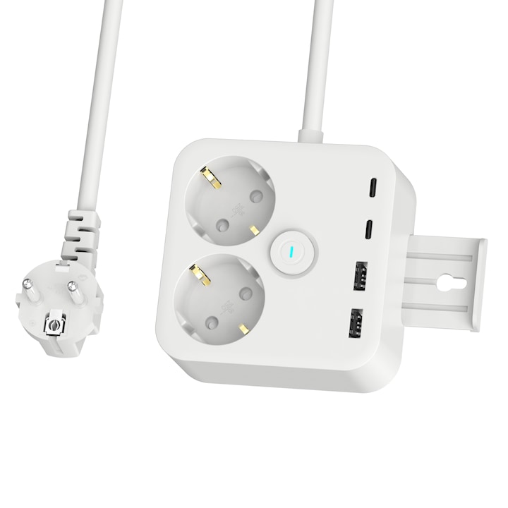 amXea PS-2220-Y2W Бял удължител, 2x F гнездо, 2xUSB-A 5V-2.4A, 2xUSB-C 5V-3A, кабел 2m 3x1mm2, бутон за включване/изключване, 3680W, 16A, 250V, защита от късо съединение, ниско напрежение, претоварване