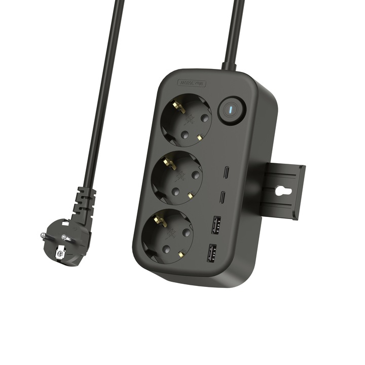 amXea PS-3220-Y2B Черен удължител, 3x F букса, 2xUSB-A 5V-2.4A, 2xUSB-C 5V-3A, кабел 2m 3x1mm2, бутон за включване/изключване, 3680W, 16A, 250V, защита от късо съединение, ниско напрежение , претоварване