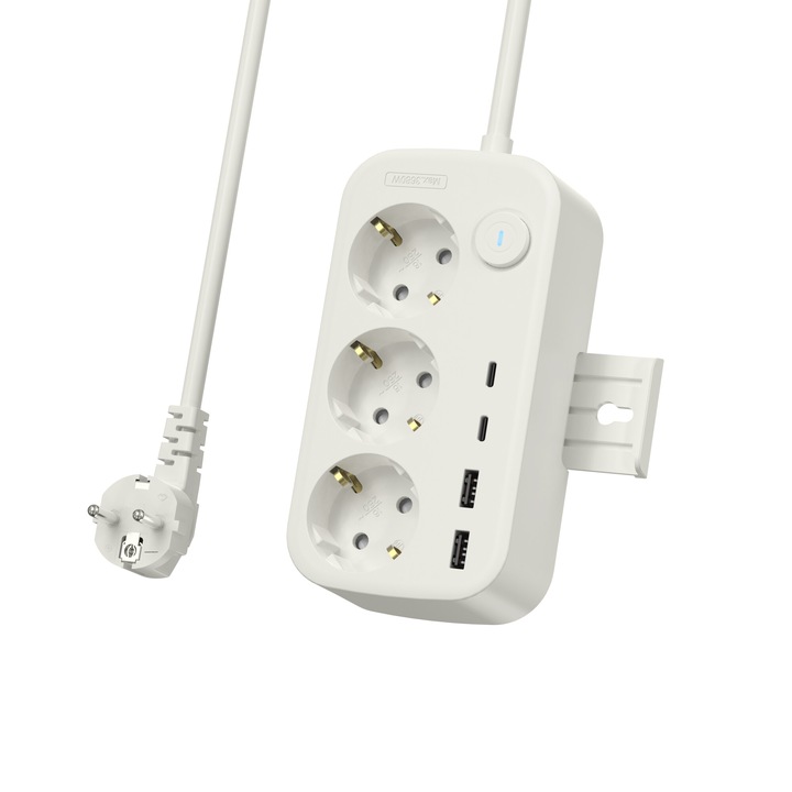 amXea удължител PS-3220-Y2W Бял, 3x букса F, 2xUSB-A 5V-2.4A, 2xUSB-C 5V-3A, кабел 2m 3x1mm2, бутон за включване/изключване, 3680W, 16A, 250V, защита от късо съединение, ниско напрежение, претоварване