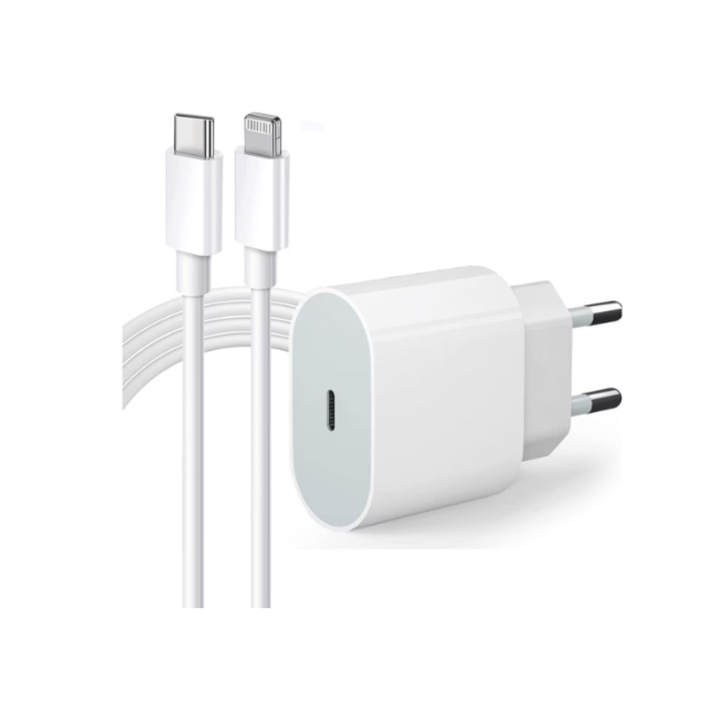 Kit, incarcator de retea 20W compatibil cu iPhone, incarcare rapida, cablu, USB-Ligth - Type-C, 2M