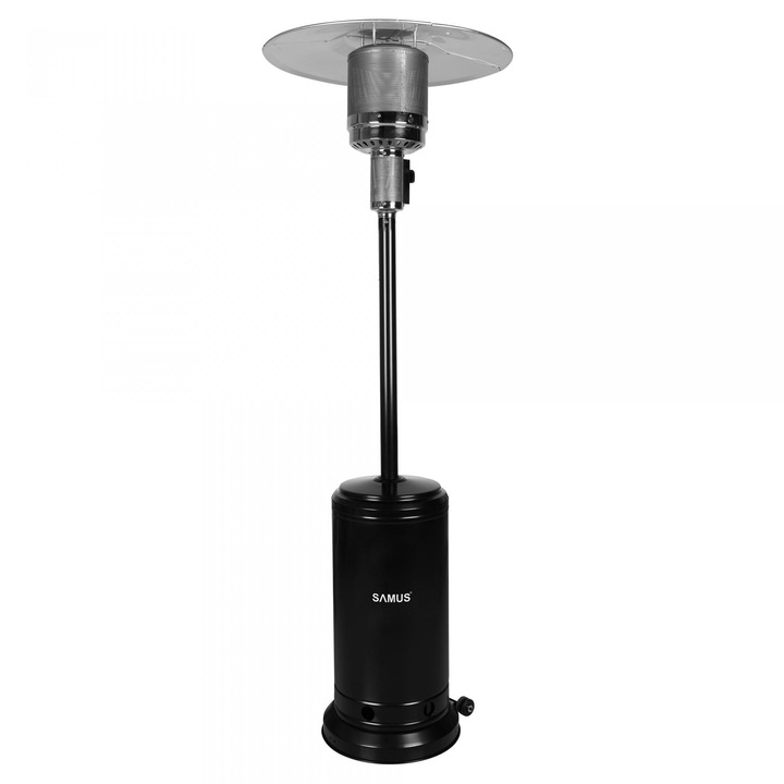 Incalzitor de terasa pe gaz Samus ITGS-14000B2, 5000-14000 kW, Arzator inox, Intrerupator anti-inclinare, Dispozitiv de oprire automata a flacarii, Set regulator gaz, Negru