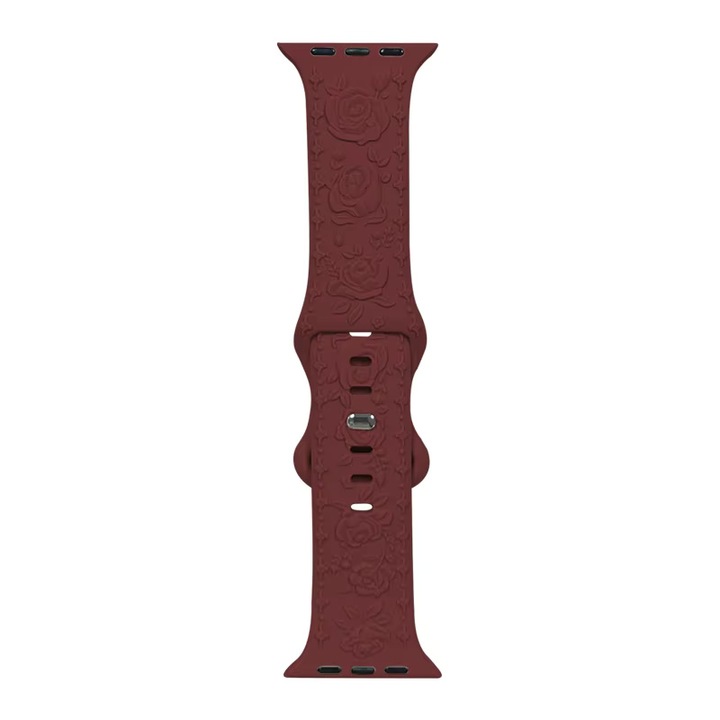 Okosóra szíj, Apple Watchhoz, szilikon, dombornyomott rózsa, kompatibilis a következőkkel: Apple Watch 6, 7, 8, 9, X, SE, 38/40/41mm, JW-02-AFDMG, Wine Red