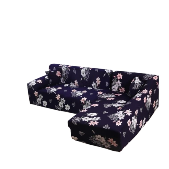Husa elastica pentru coltar, Comfort, Elastan, 145x185cm/185x230cm, Imprimeu Crini, Multicolor