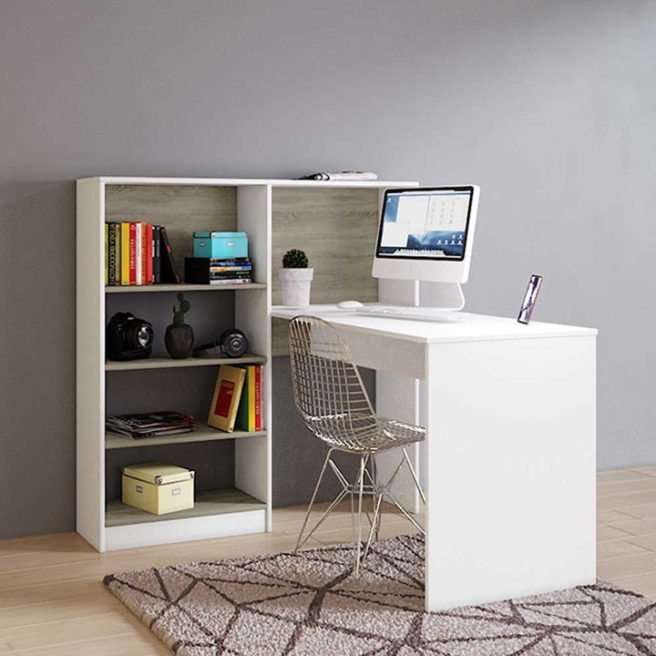 Birou Cu Biblioteca Incorporata Andy, 120X75 Cm, Culoare Alb, Pal