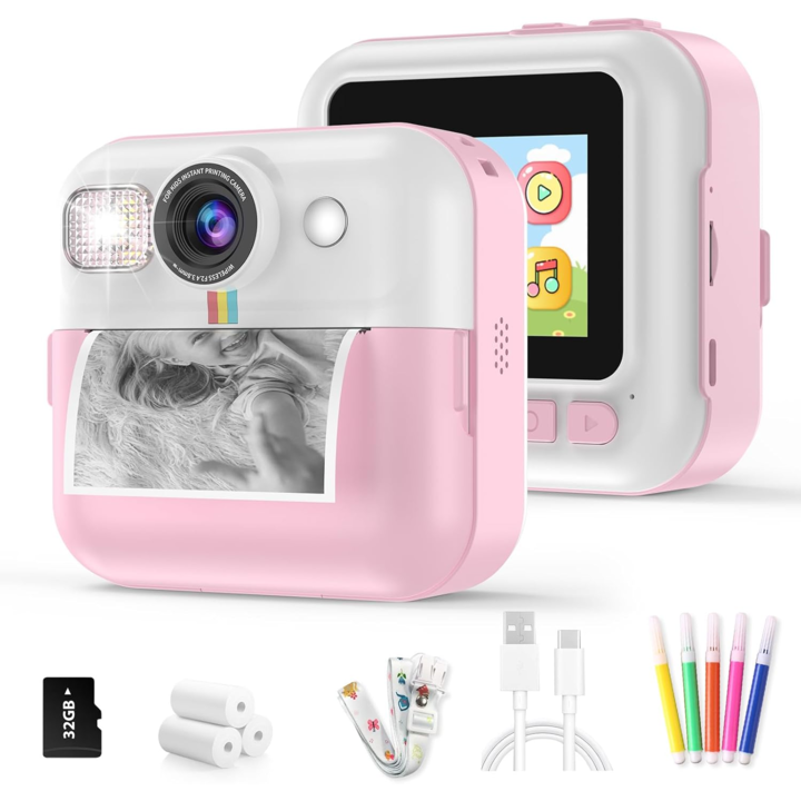 Camera Foto Elindor® pentru Copii, cu Printare Instant, Ecran 2.4 Inch, 1080P, 16X Zoom, Printare Instantanee fara Cerneala, Aparat cu 3 Role Hartie Incluse, 32GB SD, Jocuri Disponibile, Cadouri pentru Fete si Baieti, Roz