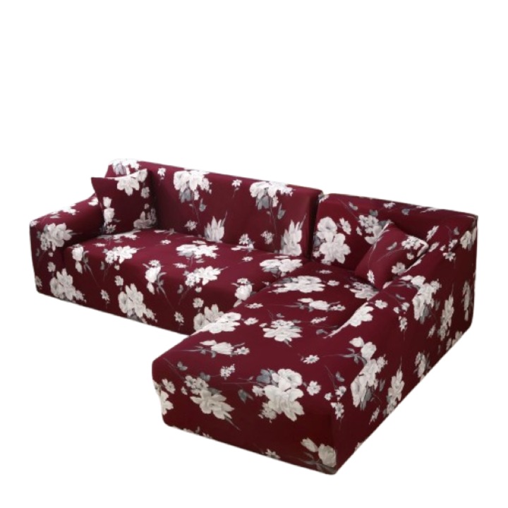 Husa elastica pentru coltar, Comfort, Elastan, 145x185cm/185x230cm, Imprimeu Floral, Bordo-Alb