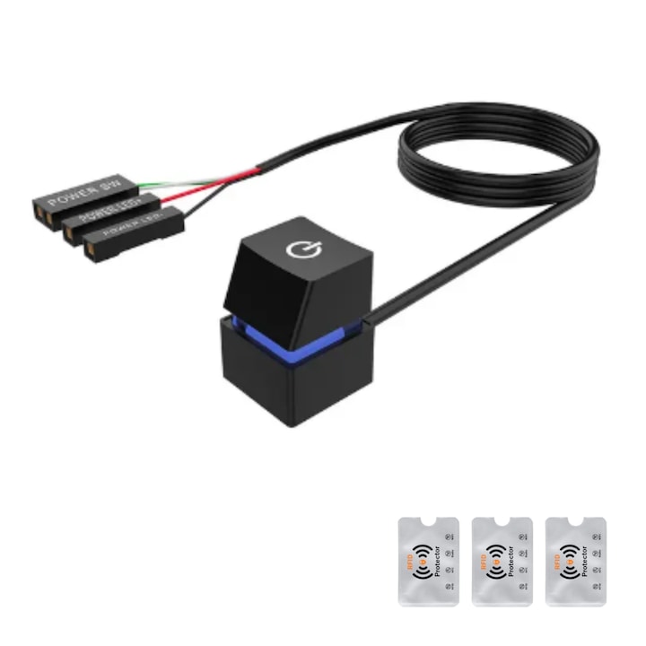 PC BE/KI gomb, Hosszabbítás 2 méter, Mechanikus, 7 színű LED, Stop-Start asztali, Játék, Fekete, Kábelhosszabbítás 2 méter + 3 RFID védelem, UnderShop