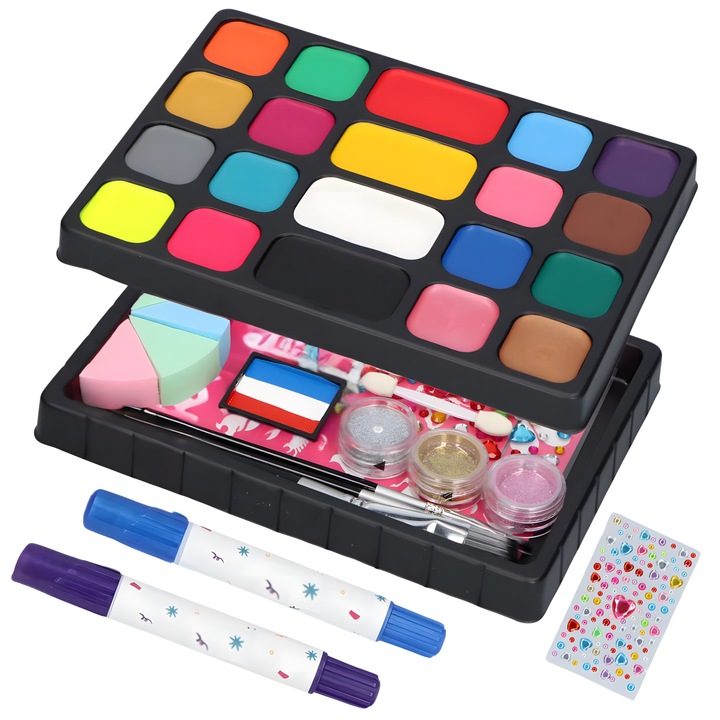 Set profesional pictura pe fata si corp ePictura pe baza de apa, 22 culori, non-toxic, 3 pensule, 35 sabloane reutilizabile, 2 coloratoare de par, 4 bureti, 2 betisoare cosmetice, 1 culori steag, 3 recipiente sclipici, 1 foaie diamante, copii si adulti