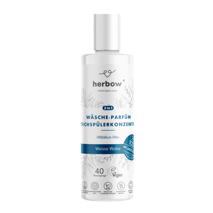 Herbow Parfüm és kondicionáló 2 az 1-ben mosodai koncentrátum, White love, 200 ml, 40 mosás, hibiszkuszrajongó illat