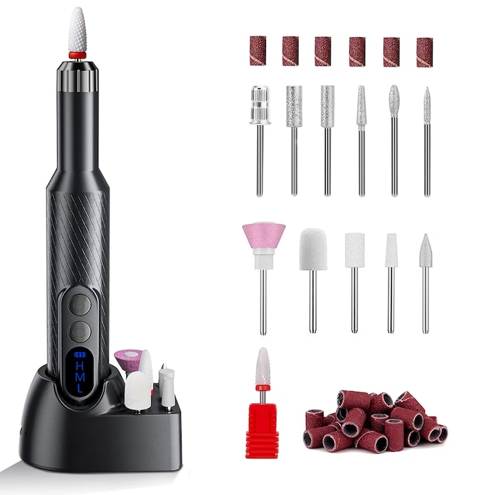 Професионална електрическа пила за нокти, безжична, 18 000 об/мин, 12 глави, 36 шлифовъчни ленти, черна