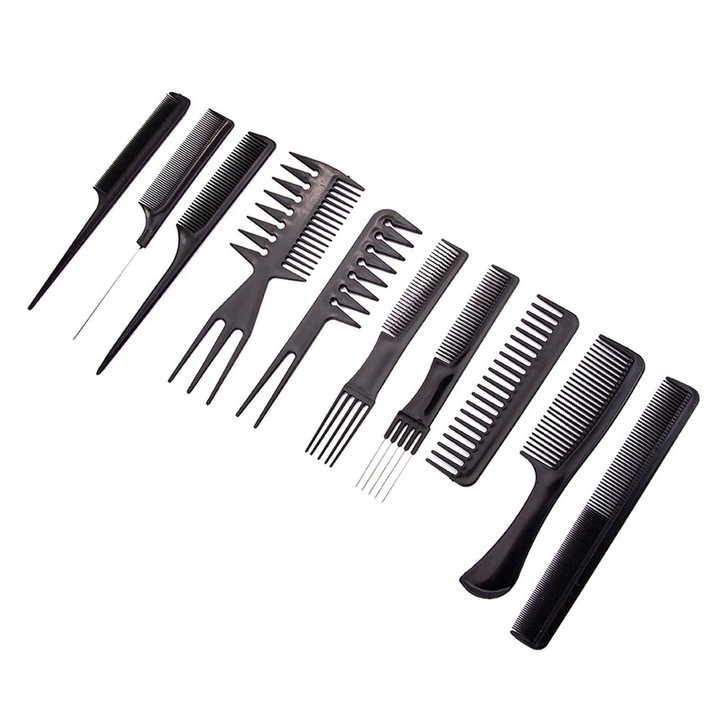 Set 10 piepteni profesionali de par, pentru coafura si frizerie, cu plastic husa 26 x24 cm, dalimag