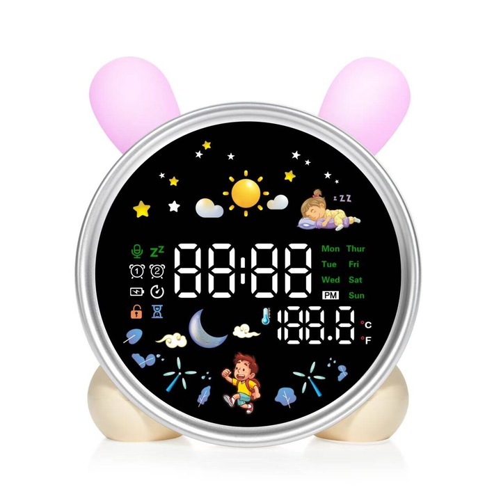 Будилник за деца, My Morning Friend, 7 успокояващи звука, дизайн на заек, многоцветен
