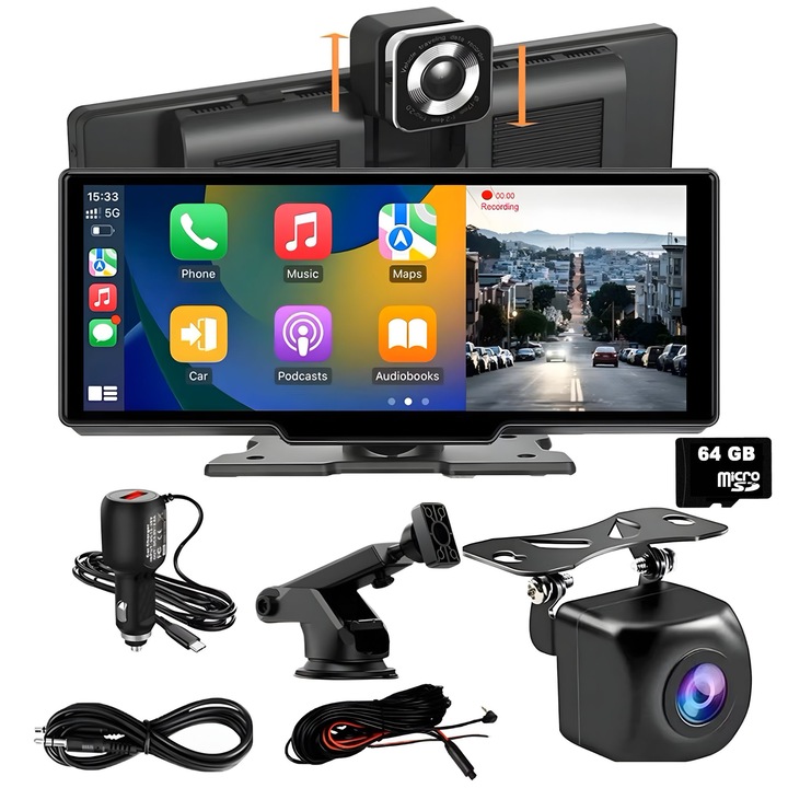 Автомобилна навигация goBERA, 10.26", Универсална, Portable, Apple Carplay и Android Auto wireless, Двойна камера, 4K/1080 Adjustable, IPS HD full-touch screen, BT, FM, Split-screen, microSD карта 64GB, AUX кабел
