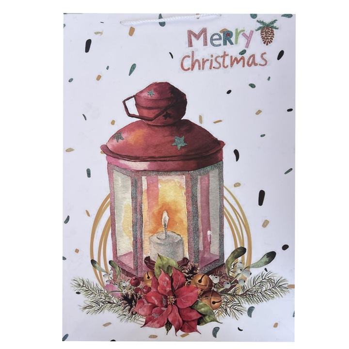 Punga cadou, Tematica Craciun, Merry Christmas, Negru, 55x43x16 cm