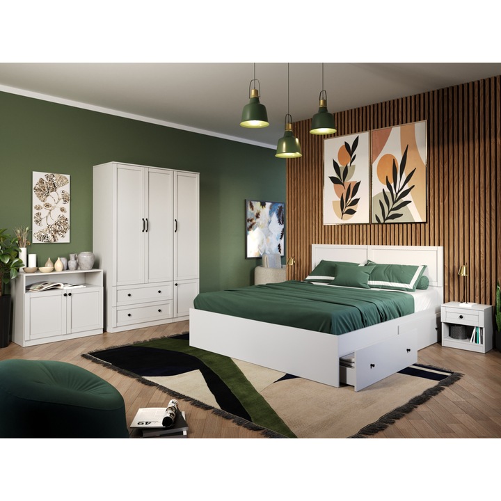 Set Mobila Dormitor, Class C04, Pat 160 x 200, 2 Noptiere, Comoda cu Usi si Dulap 124cm