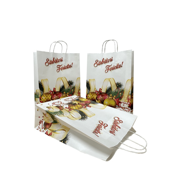 Punga cadou hartie, Sacosa cadou hartie, 25x11x35 cm, model CRACIUN GLOBURI, set 10 bucati