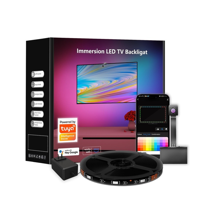 Интелигентна RGBIC LED лента с TV синхронизация, Съвместим с виртуални асистенти Alexa и Google Home, HD 1080p камера с цветен сензор, Управление чрез специалното приложение Tuya, Съвместим с 55-65 инчови телевизори (1,4 -1,65 м)