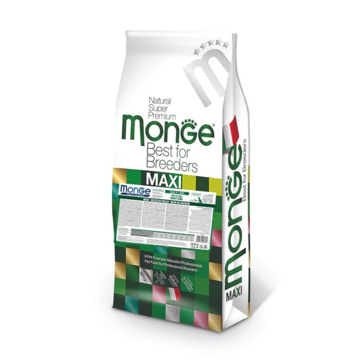 Hrană uscată pentru câini, Monge, cu arome de pui, favorizează digestie și sănătate intestinală, toate mărimile, 15 kg