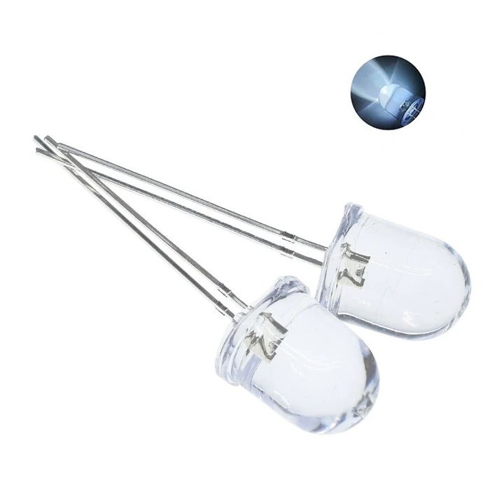 Led 10mm 18000-20000mcd transparent luminos, ALB, DC 3-3.2V, 10 bucati