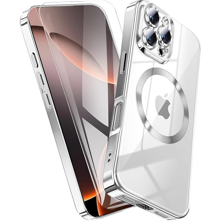 Szett tok plusz fólia Apple iPhone 16 Pro készülékhez DaDen® , Magsafe Luxury, kameravédelem, ütésálló, átlátszó ezüst szélekkel