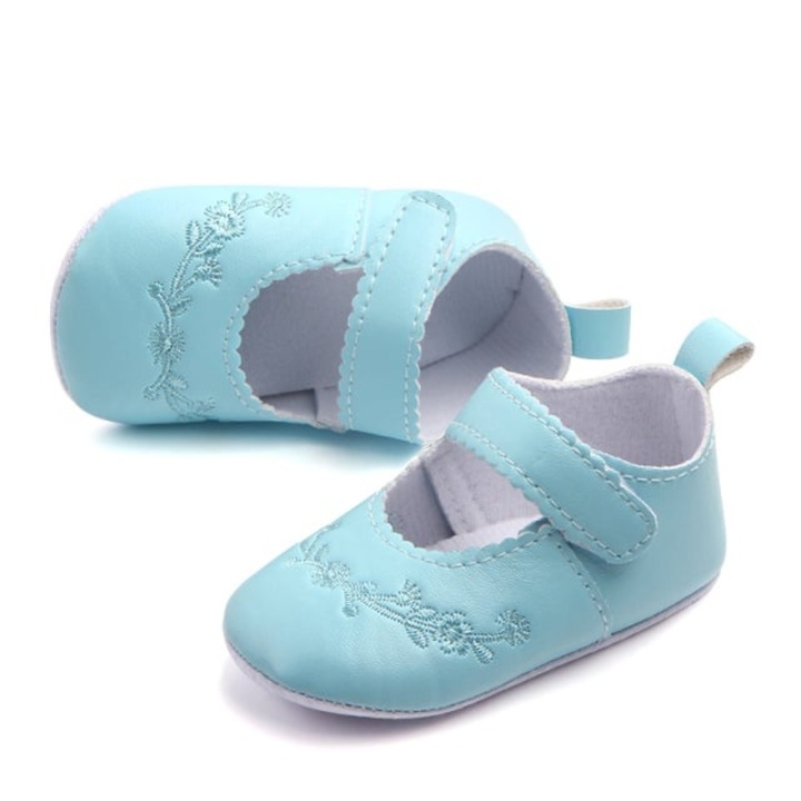 Pantofi Superbaby, Cu Broderii Florale, Casual, Piele ecologica, Fete, Velcro, Albastru Deschis