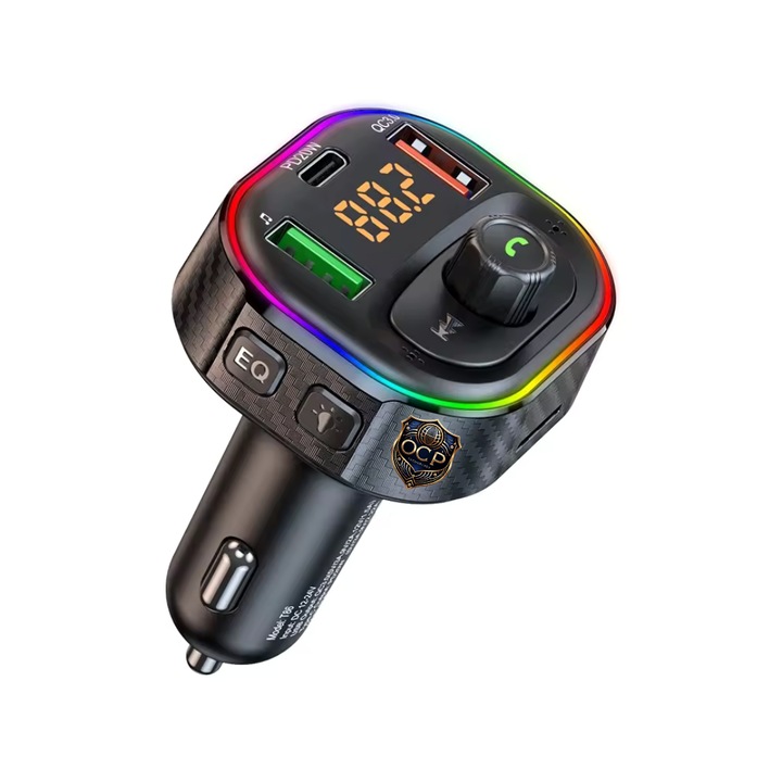 Auto FM modulátor OCP Technology®, Bluetooth 5.1, 20 funkciós, C típusú töltő / USB QC 3.0/PD30W, gyorstöltés, két külső mikrofon, autós kihangosító készlet, RGB LED, akkumulátorfeszültség kijelző