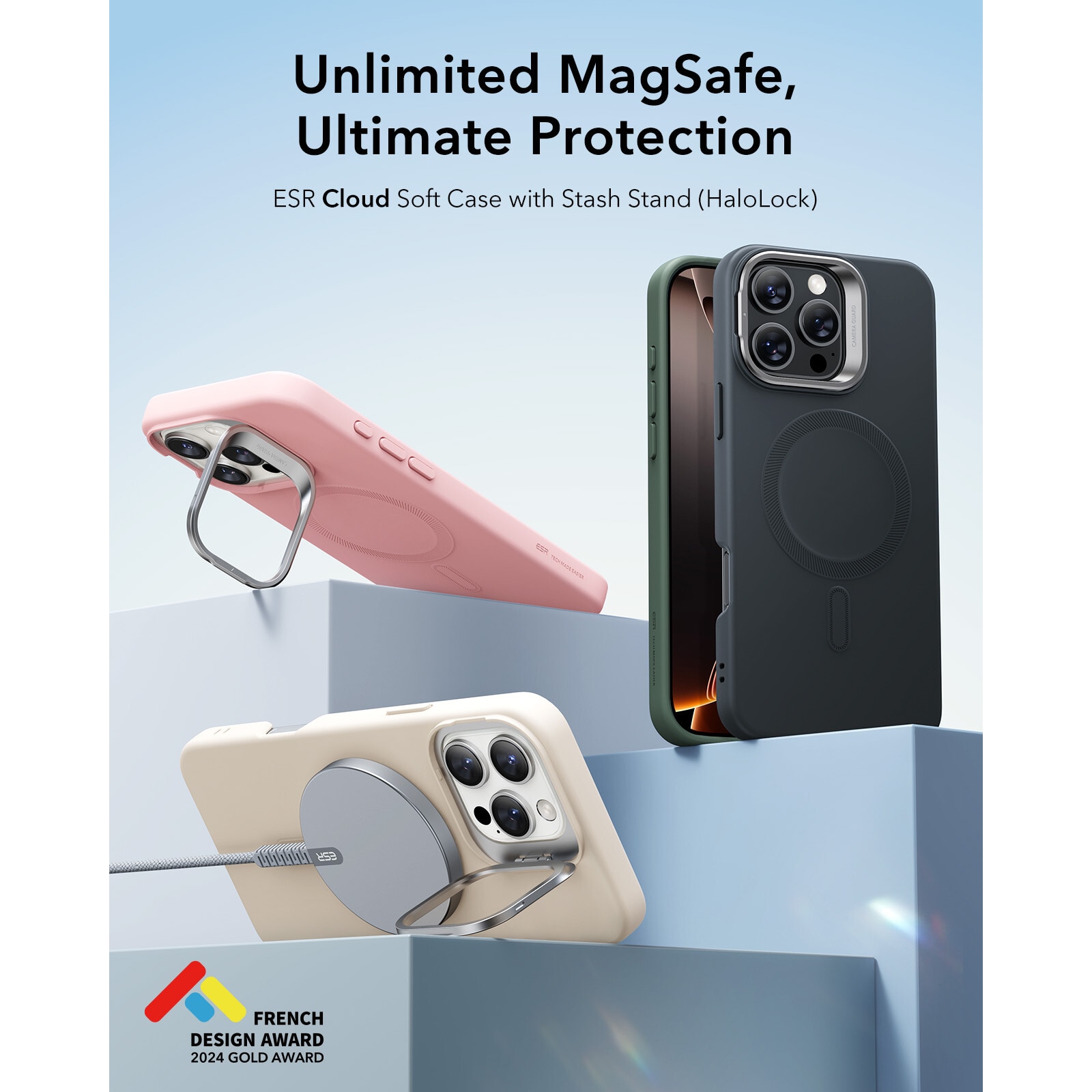 Husa ESR Cloud Soft Stash Stand, compatibila Apple iPhone 16 Pro, MagFit, roz