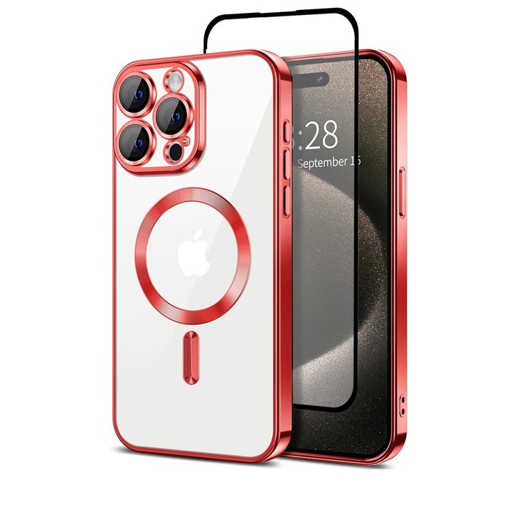 Szett tok plusz fólia Apple iPhone 16 Pro DaDen® készülékhez, Magsafe Luxury, kameravédelem, ütésálló, átlátszó piros szélekkel
