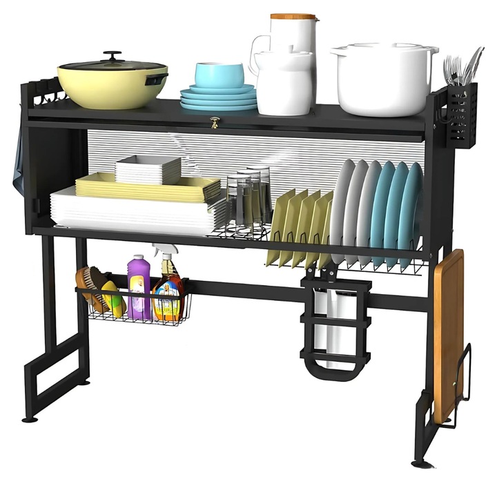 Raft scurgator organizator pentru vase JOZY®, cu 2 etaje, 75 cm lungime, design modern si compact, material premium negru, durabilitate si eficienta