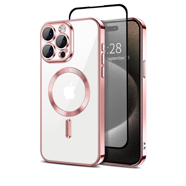 Szett tok plusz fólia Apple iPhone 16 Pro DaDen® készülékhez, Magsafe Luxury, kameravédelem, ütésálló, átlátszó rózsa élekkel