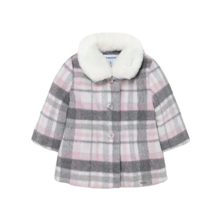 Palton in carouri, din lanaiiu, Alb/Gri/Roz, 68 CM