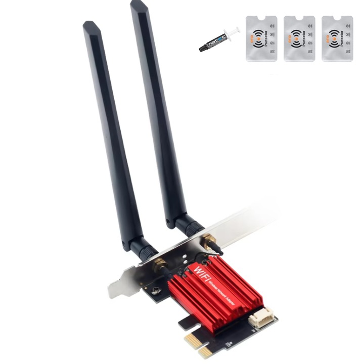 Външна Wi-Fi и Bluetooth карта, PCI-E AC1200 Dual Band + 2 Wi-Fi 5 антени, Bluetooth 4.0, настолен и лаптоп Windows, с NATEC THERMAL HUSKY 1G паста, 3 Rfid, UnderShop