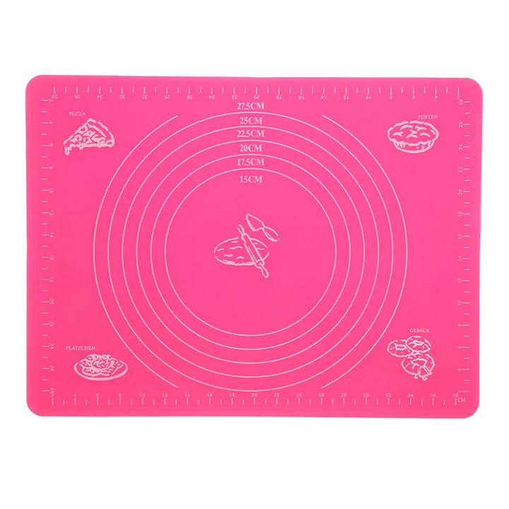 Covoras din Silicon pentru Rularea, Framantarea si Intinderea Aluatului cu Unitati de Masura, 45 x 60 CM, Fara BPA, Antiaderent si Antiderapant - Roz